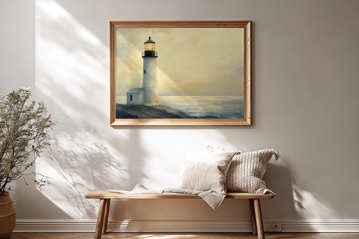 Dusk Beacon Warmth coastal printable wall art with lighthouse at dusk in warm coastal tones
