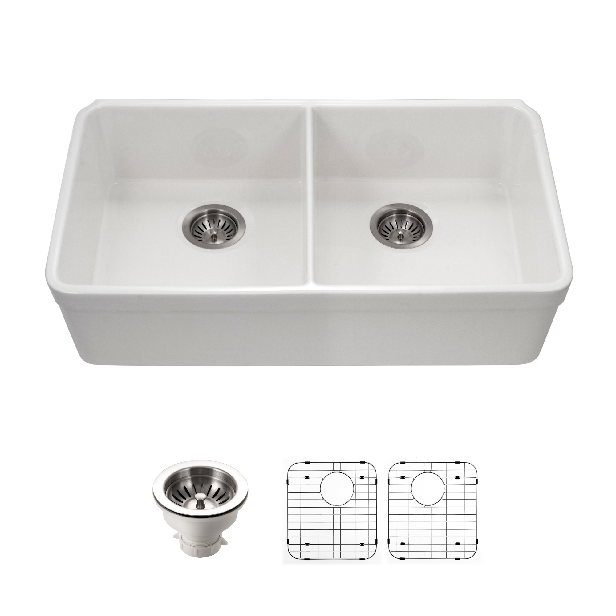 Houzer 32" Fireclay 50/50 Double Bowl Farmhouse Kitchen Sink, White, Platus Series, PTU-3200 WH