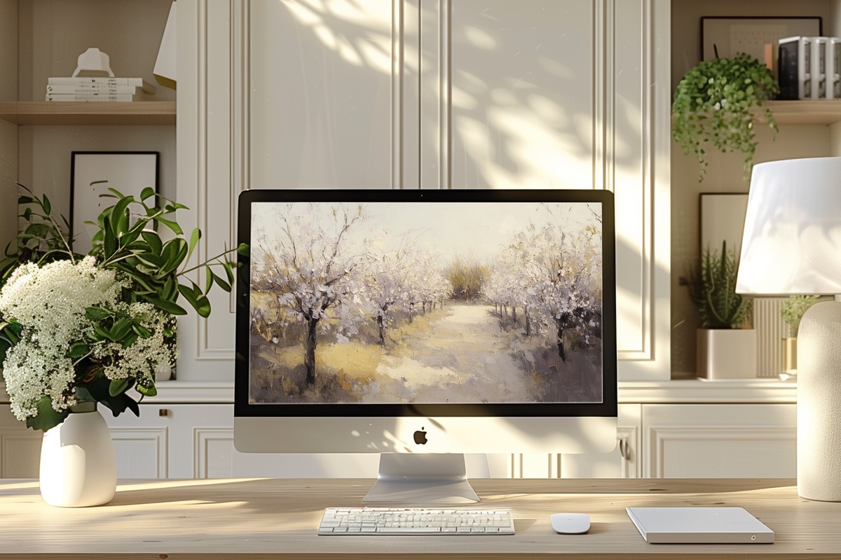 Orchard in Spring's Brush Vintage Desktop Wallpaper