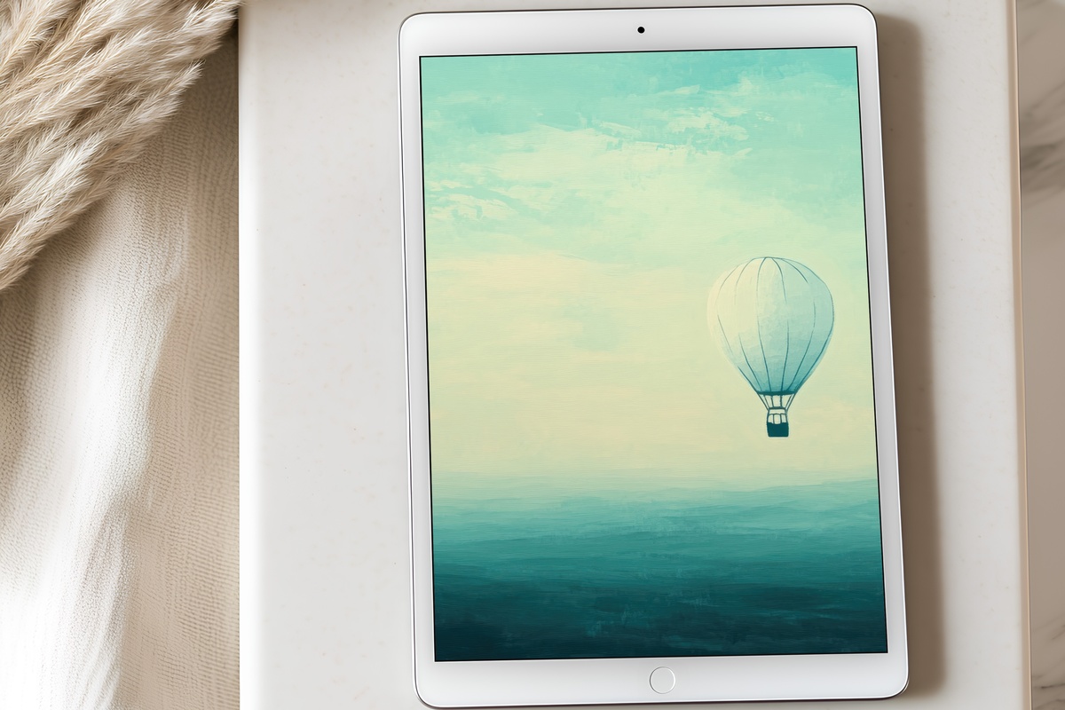 Serene Balloon Ascent iPad wallpaper in soft teal