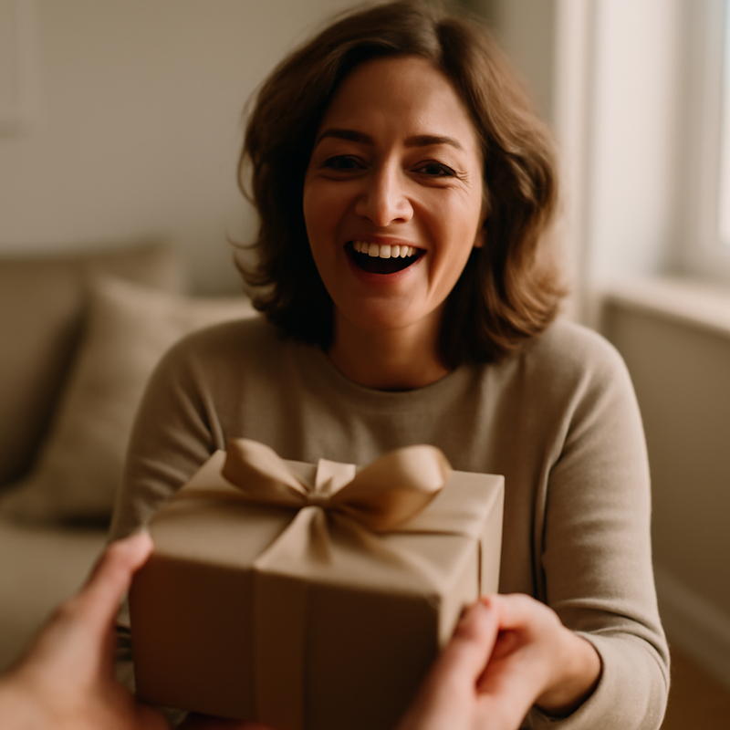 Mujer recibiendo un regalo de inauguración de oficina envuelto y cerrado con cinta en un hogar acogedor Mujer recibiendo un regalo de inauguración de oficina envuelto y cerrado con cinta en un hogar acogedor