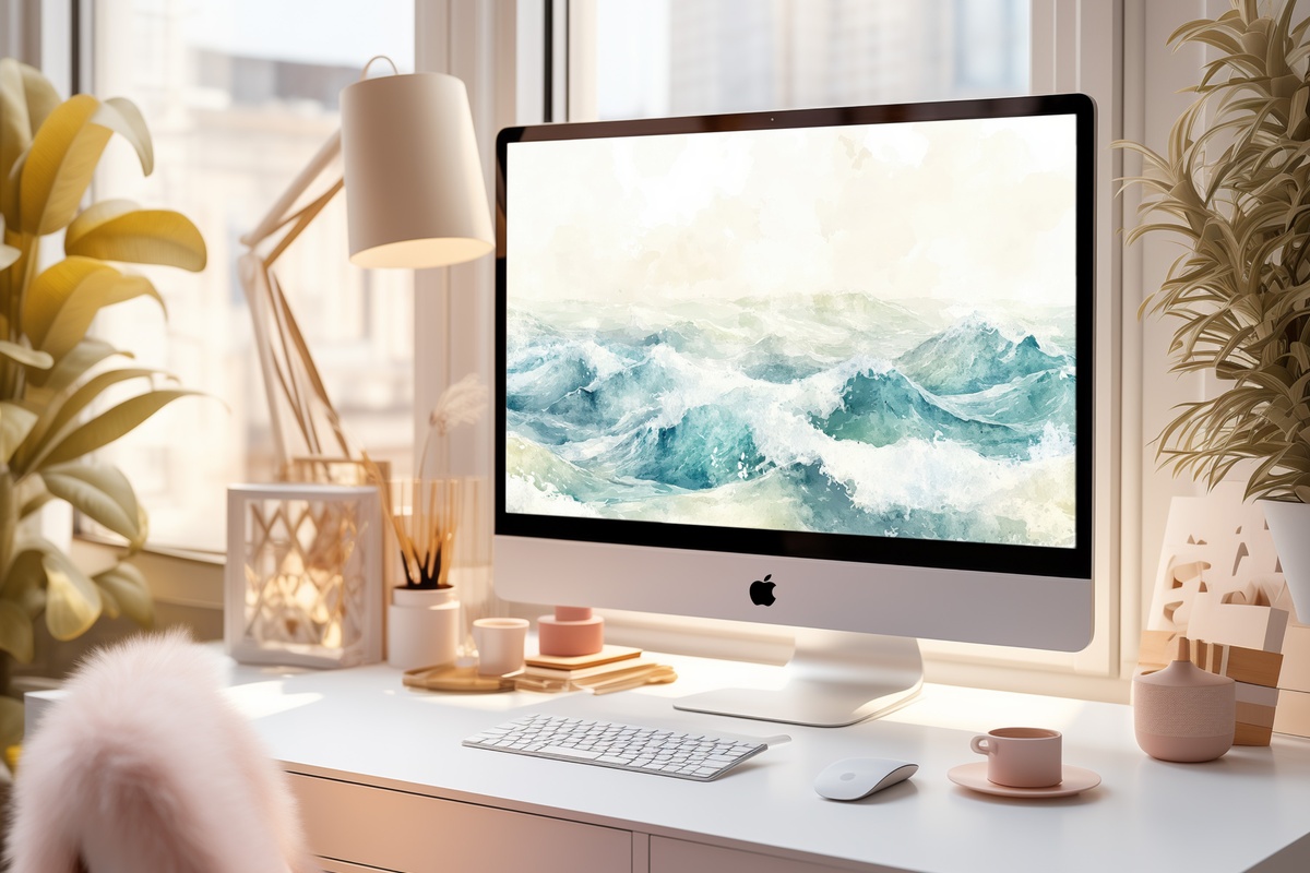 Ethereal Summer Surf Desktop Wallpaper – abstract watercolor ocean waves