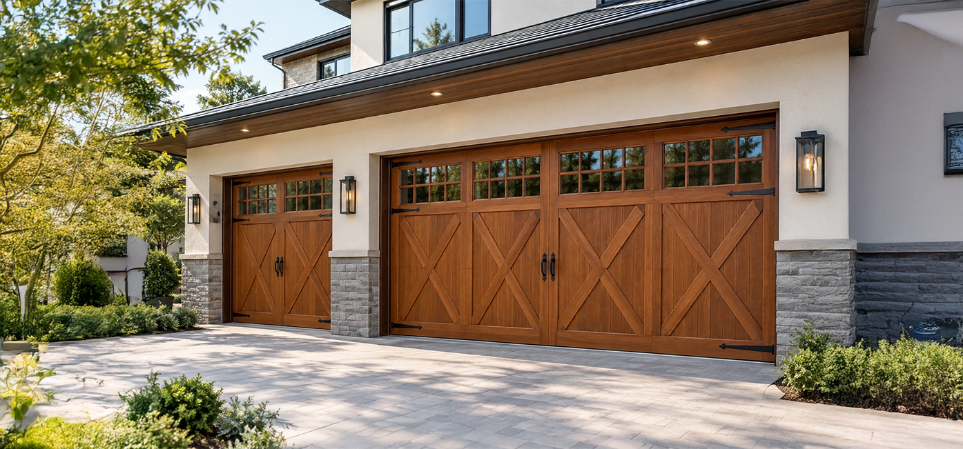 Architectural wooden garage doors with decorative cross-bracing and glass panels on a modern residential home.