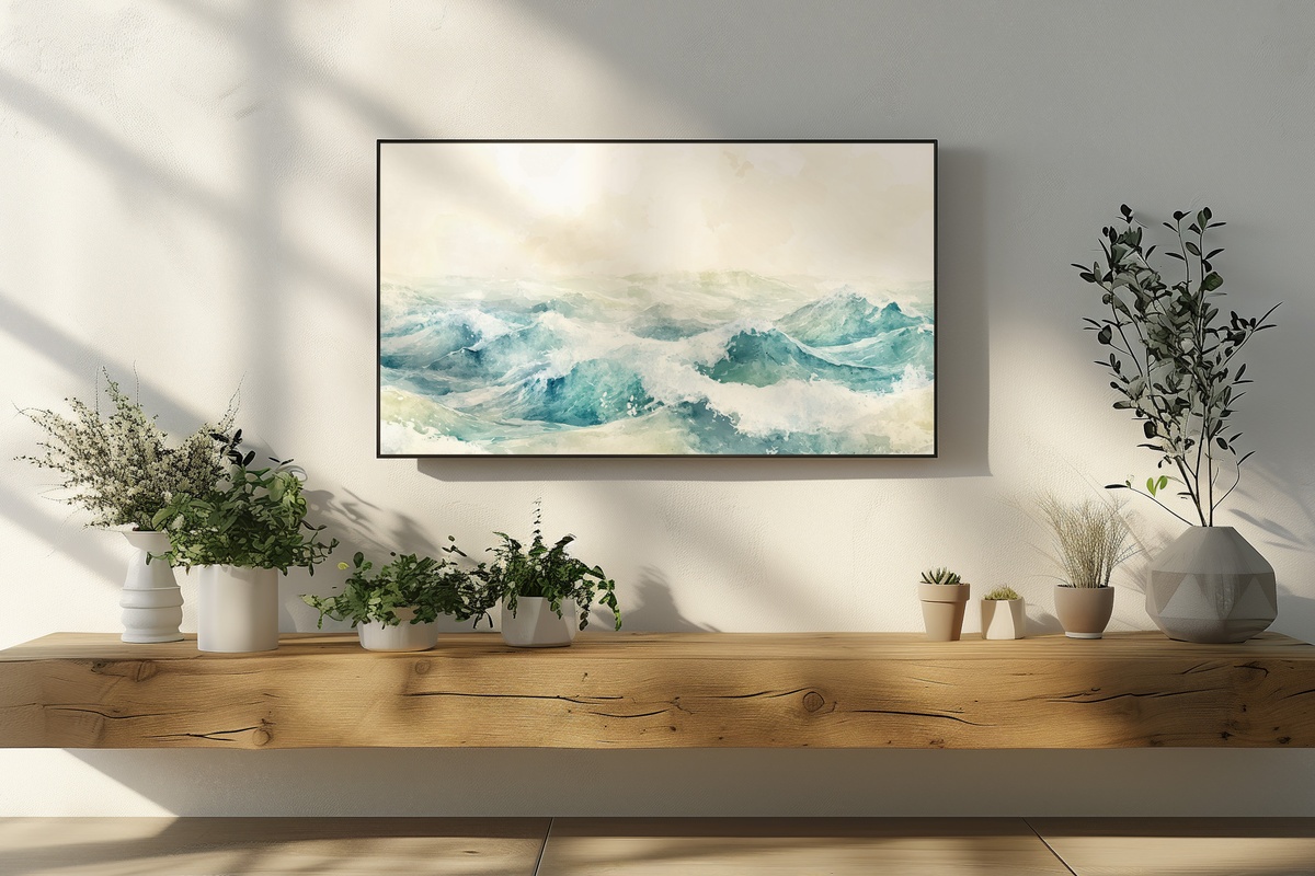 Ethereal Summer Surf Frame TV Art — abstract watercolor ocean waves in soft blue and white
