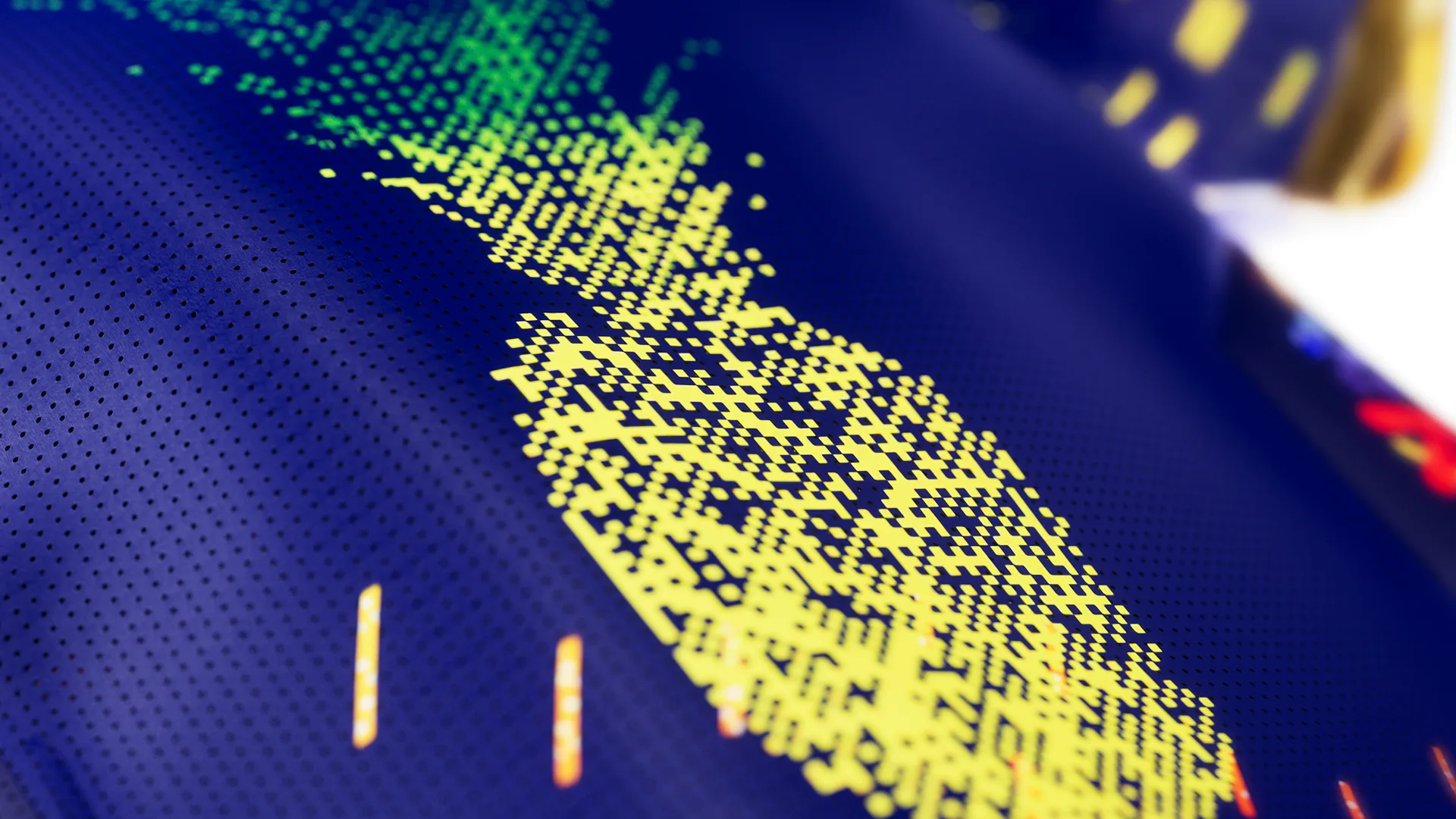 Close up 3D rendered perforated navy blue surface with a yellow green dot matrix pattern resembling a data visualization or textile detail