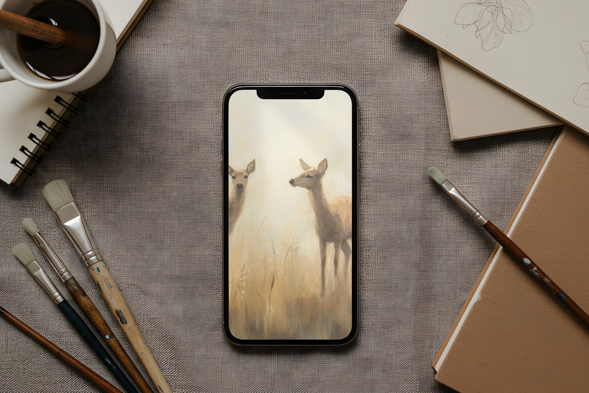 Serene Meadow Deer Stroll Vintage iPhone Wallpaper