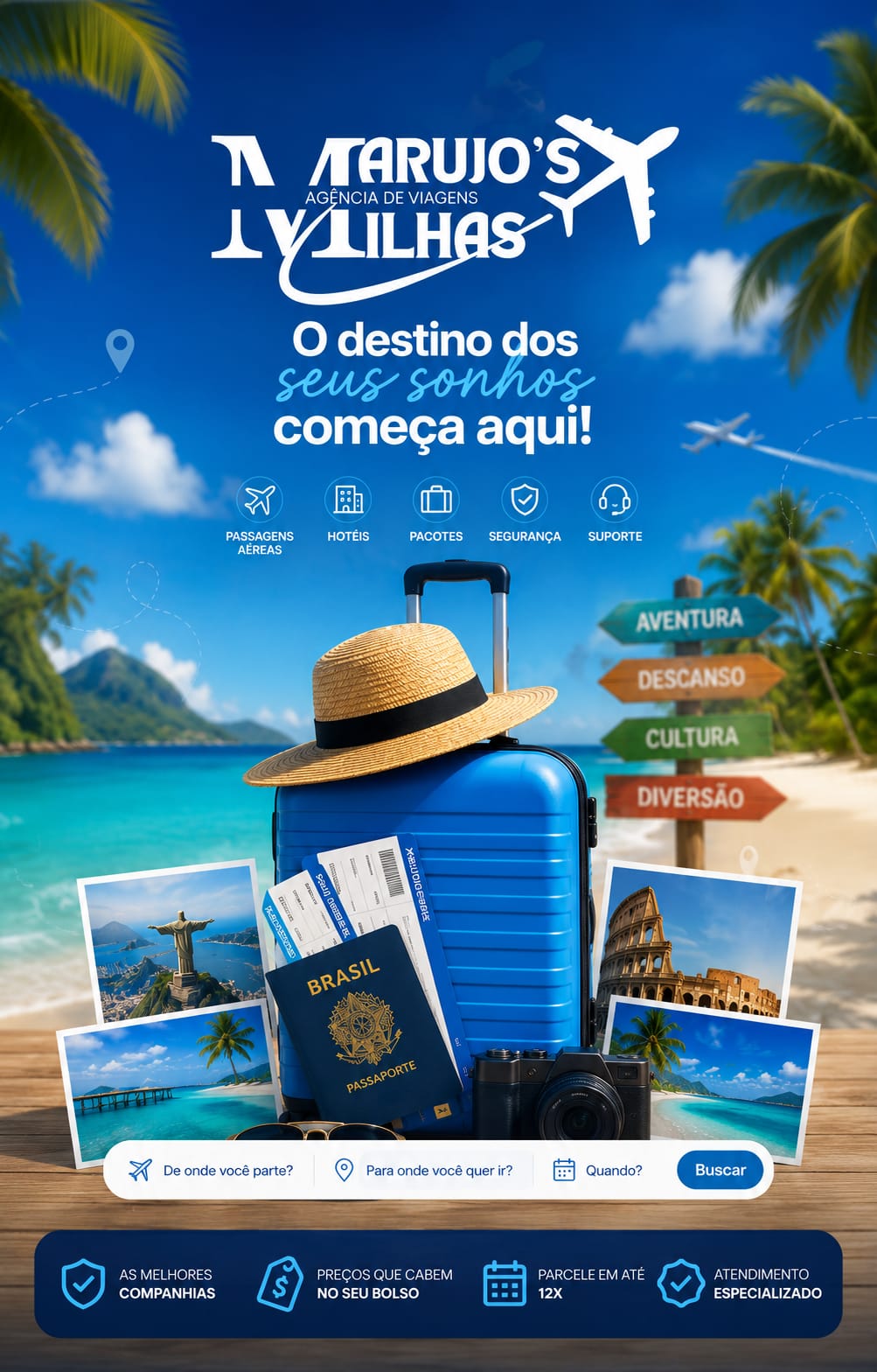 Viaje com a Marujo's Milhas — toque para buscar sua passagem