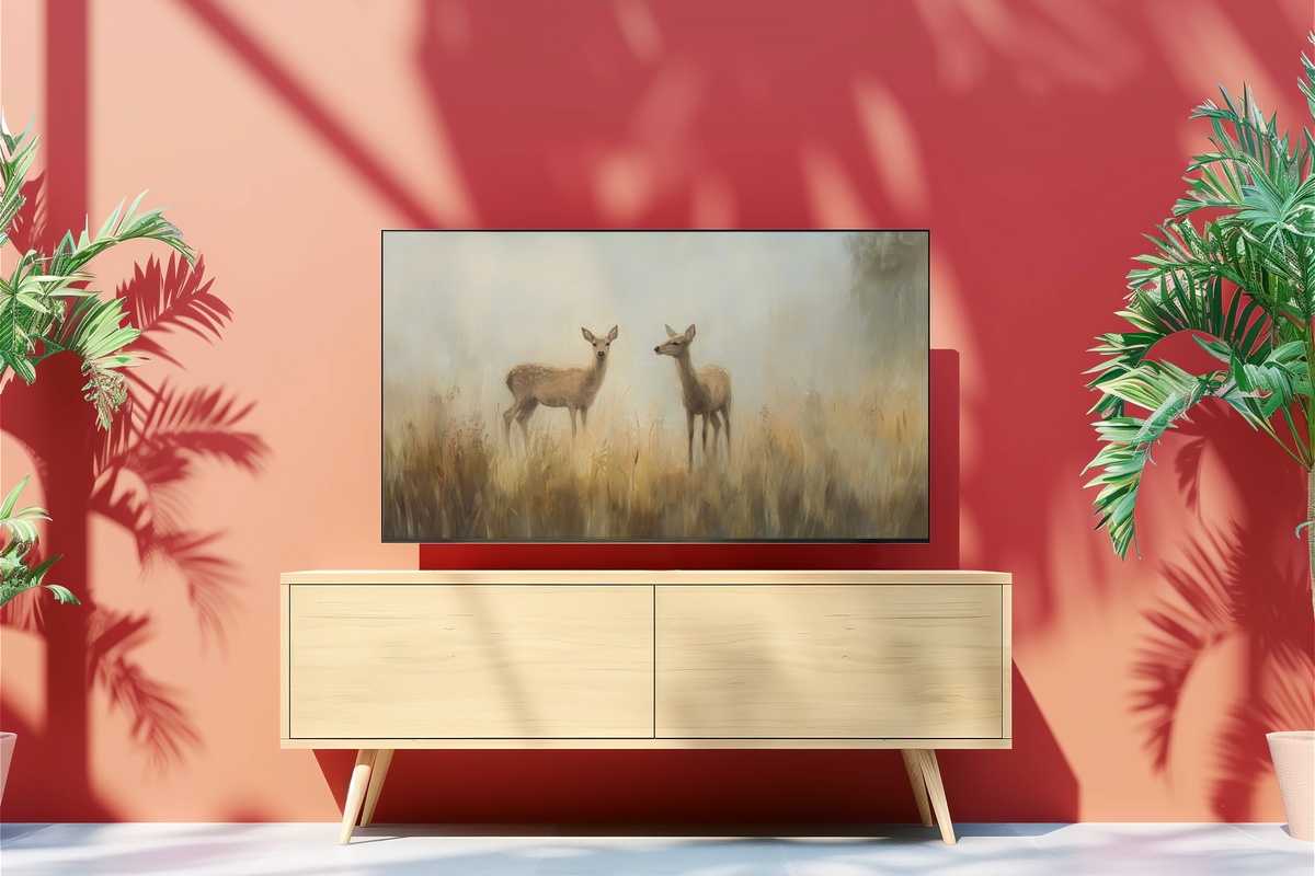 Serene Meadow Deer Stroll Vintage Frame TV Art