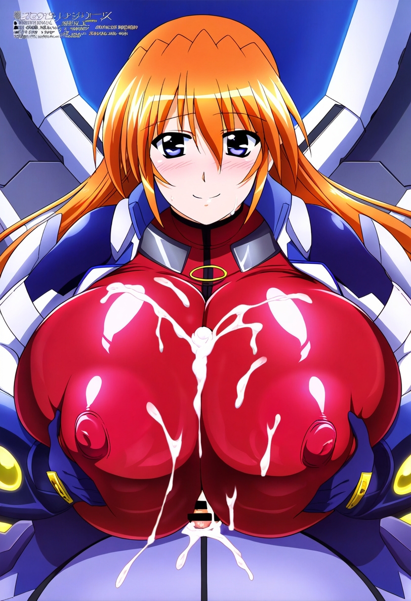 ティアナズリ by ななな with ai art, Mahou Shoujo Lyrical Nanoha StrikerS, Teana Lanster, huge breasts, tight bodysuit, paizuri, clothed paizuri