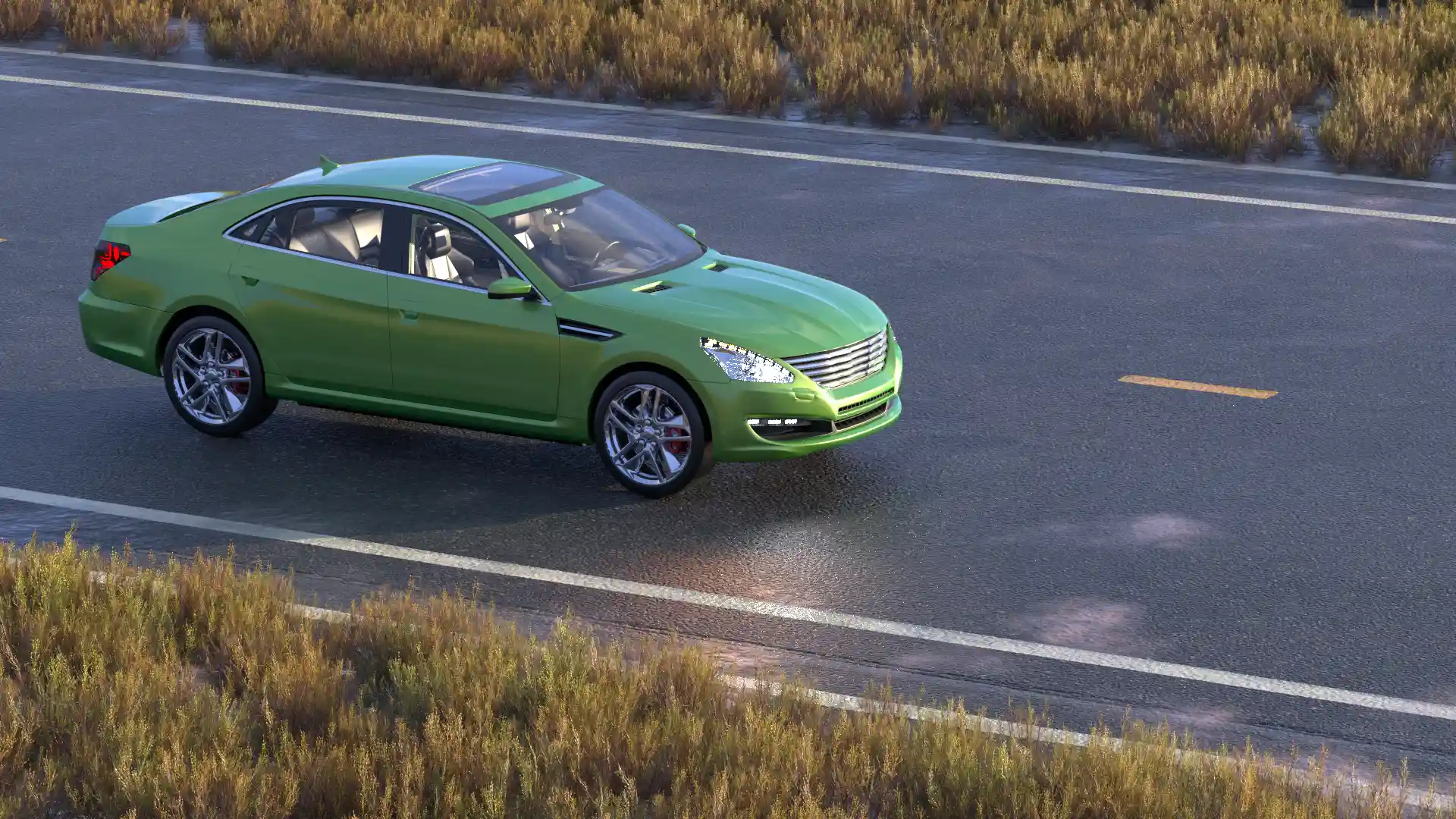 3D rendered green sedan driving on a highway aerial view representing the automotive industry use case in the PTC digital transformation PLM web experience