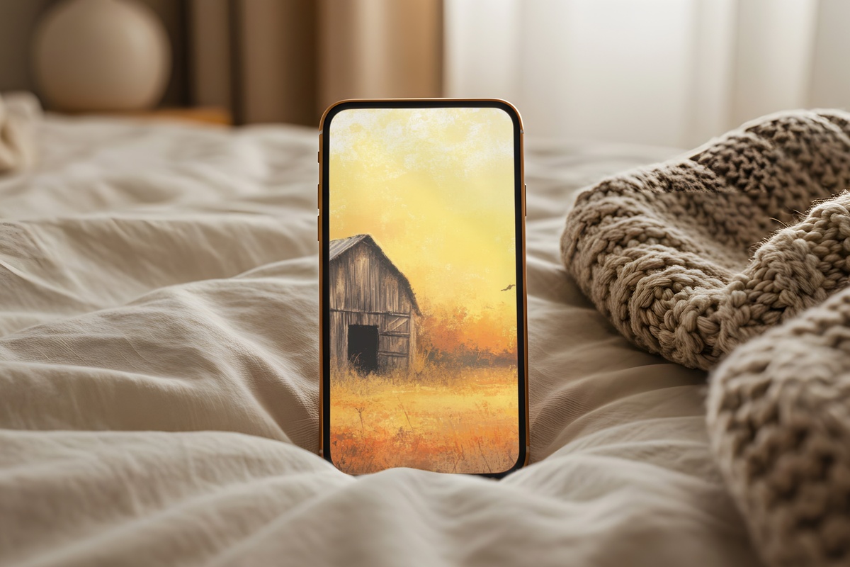 Sunset on Rustic Barn Glow farmhouse iPhone wallpaper in warm amber and rust tones