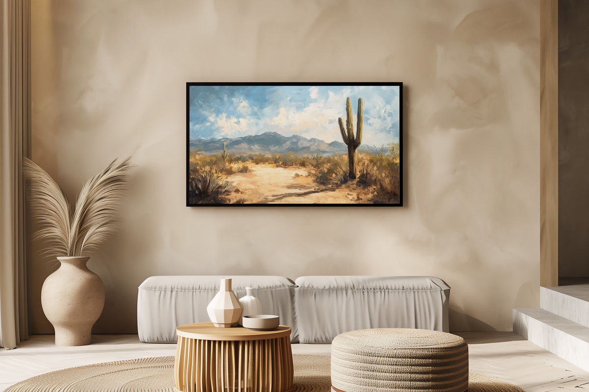 Desert's Elegant Symphony Summer Frame TV Art — impressionist cacti in warm earthy tones