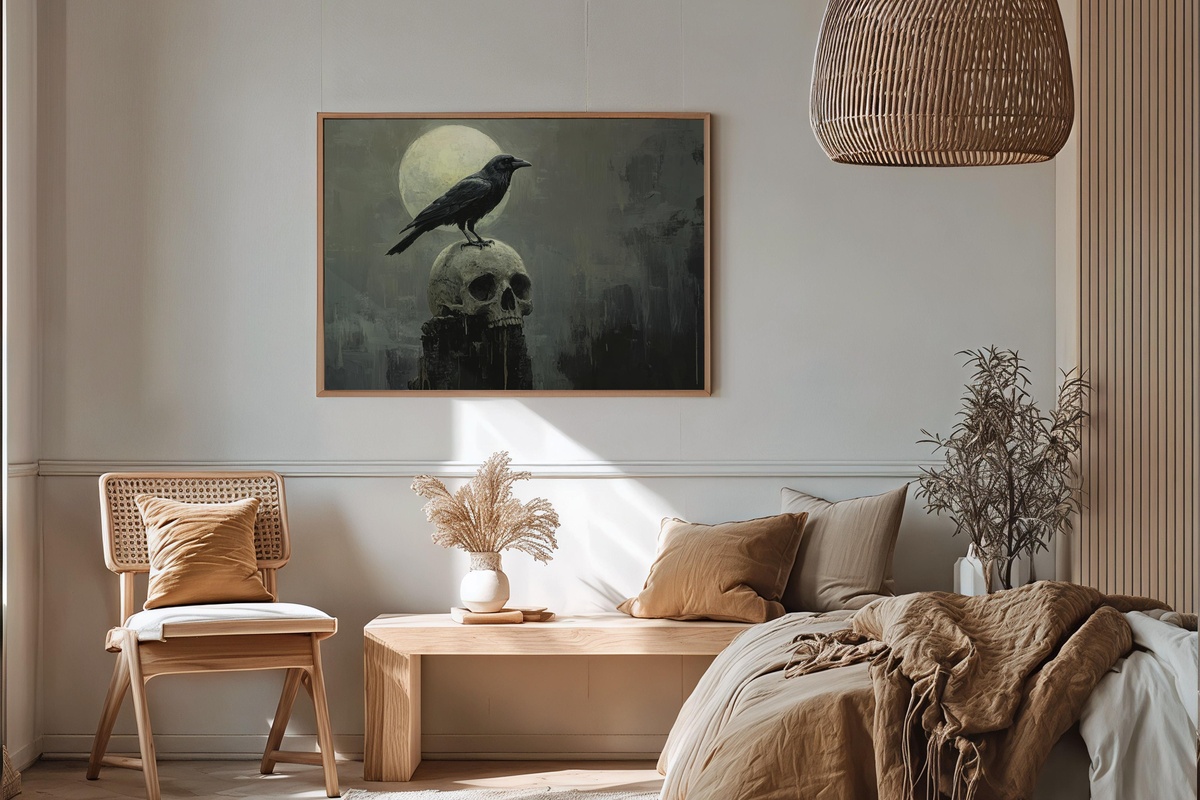 Crow and Skull in Moonlight Halloween Printable Wall Art