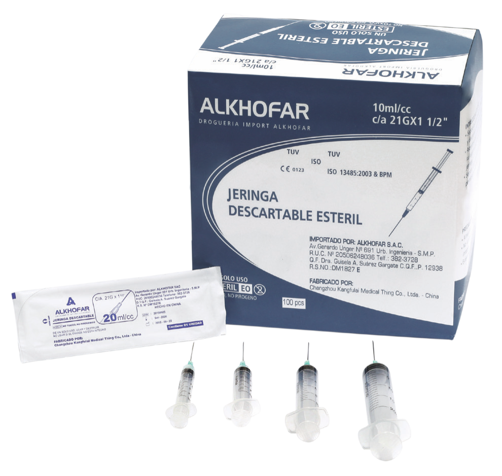 Jeringa 10ml C/ Aguja 21X1 1/2 Alkhofar Caja X 100