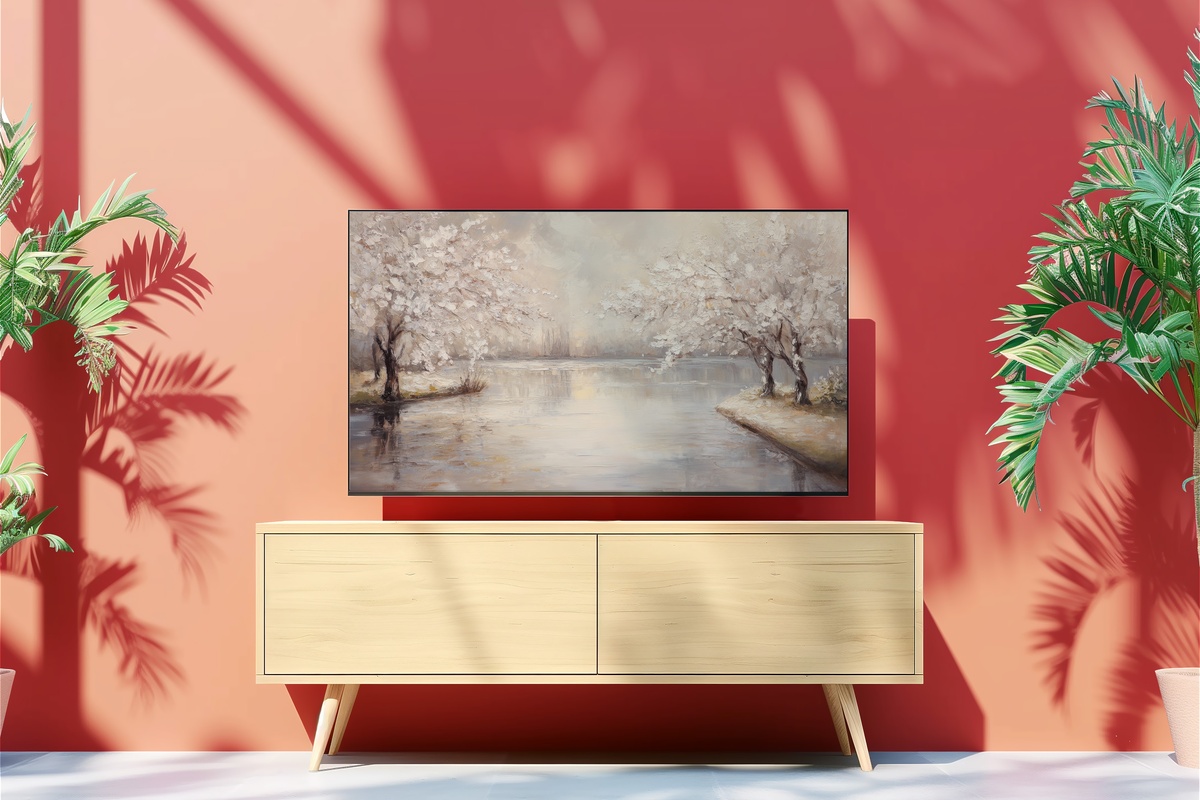 Mirror-like Cherry Lake Frame TV Art with cherry blossom trees reflected in still water