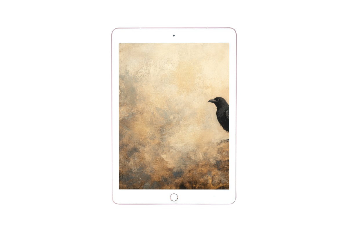 Raven in Enchanted Mist Halloween iPad Wallpaper with soft earth tones and atmospheric fog