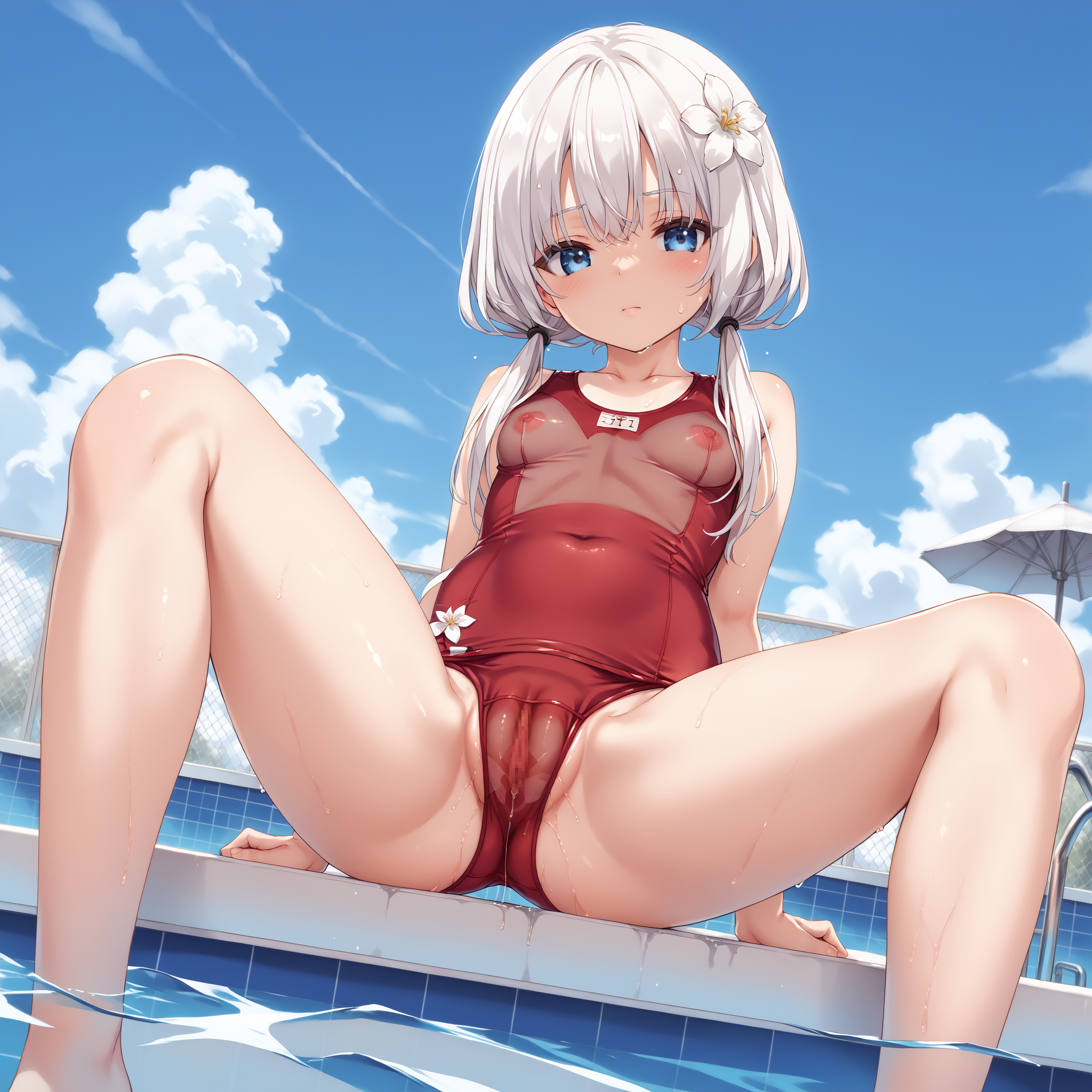 塩崎鈴夢_スク水 by salted fish with swimsuit, girl, silver hair, ai art, breasts, Assault Lily, Last Bullet