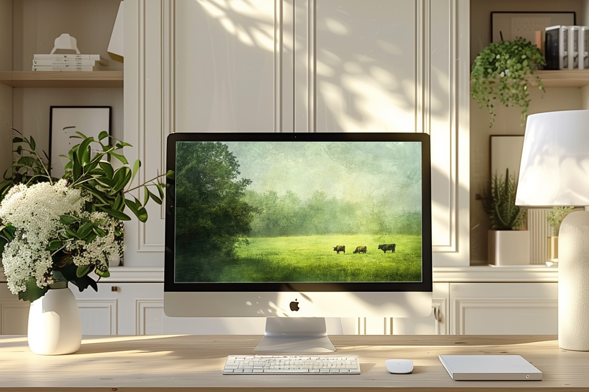 Tranquil Pasture with Grazing Cows farmhouse desktop wallpaper with open green pasture and calm cattle