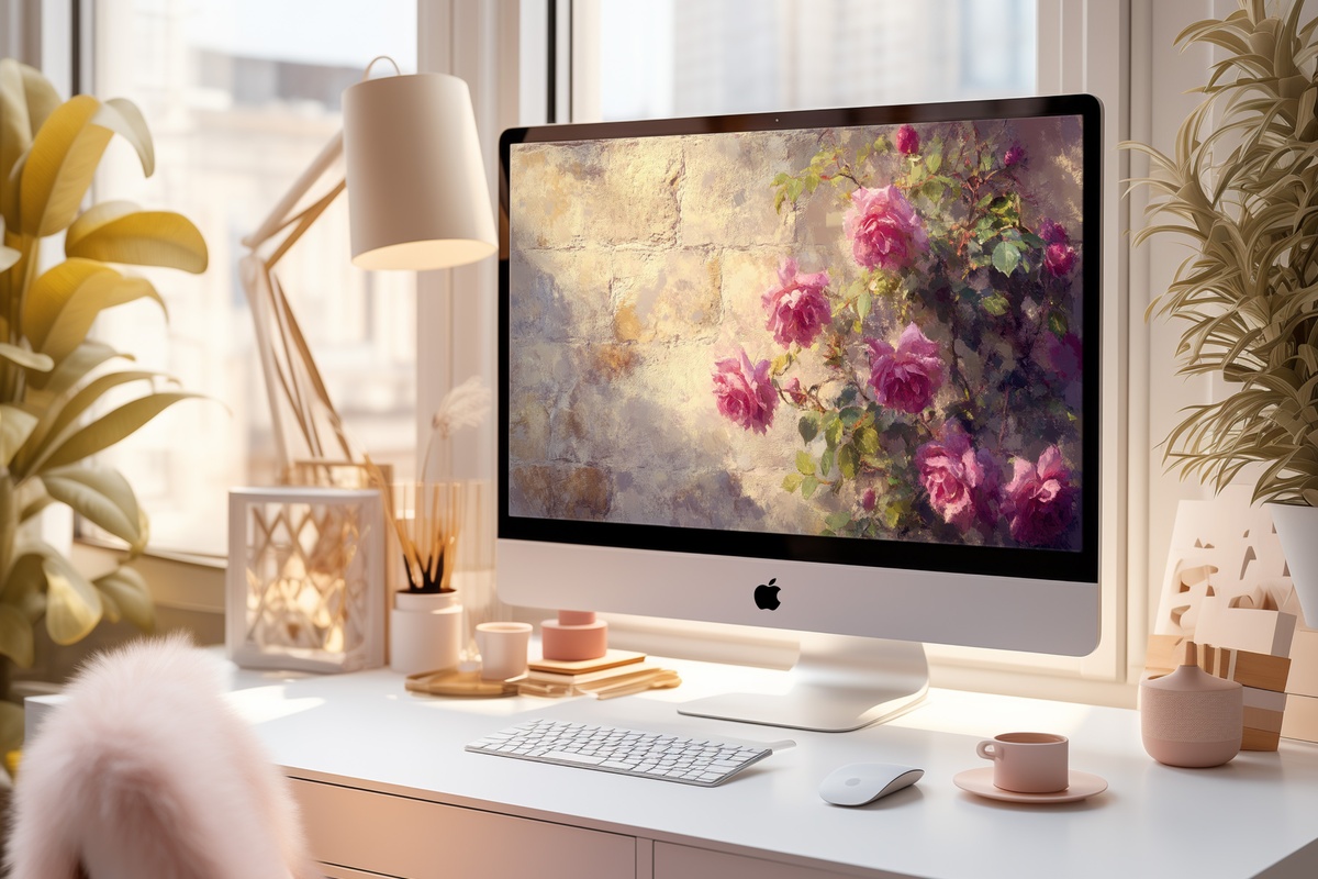 Roses in Walled Sanctuary Vintage Desktop Wallpaper