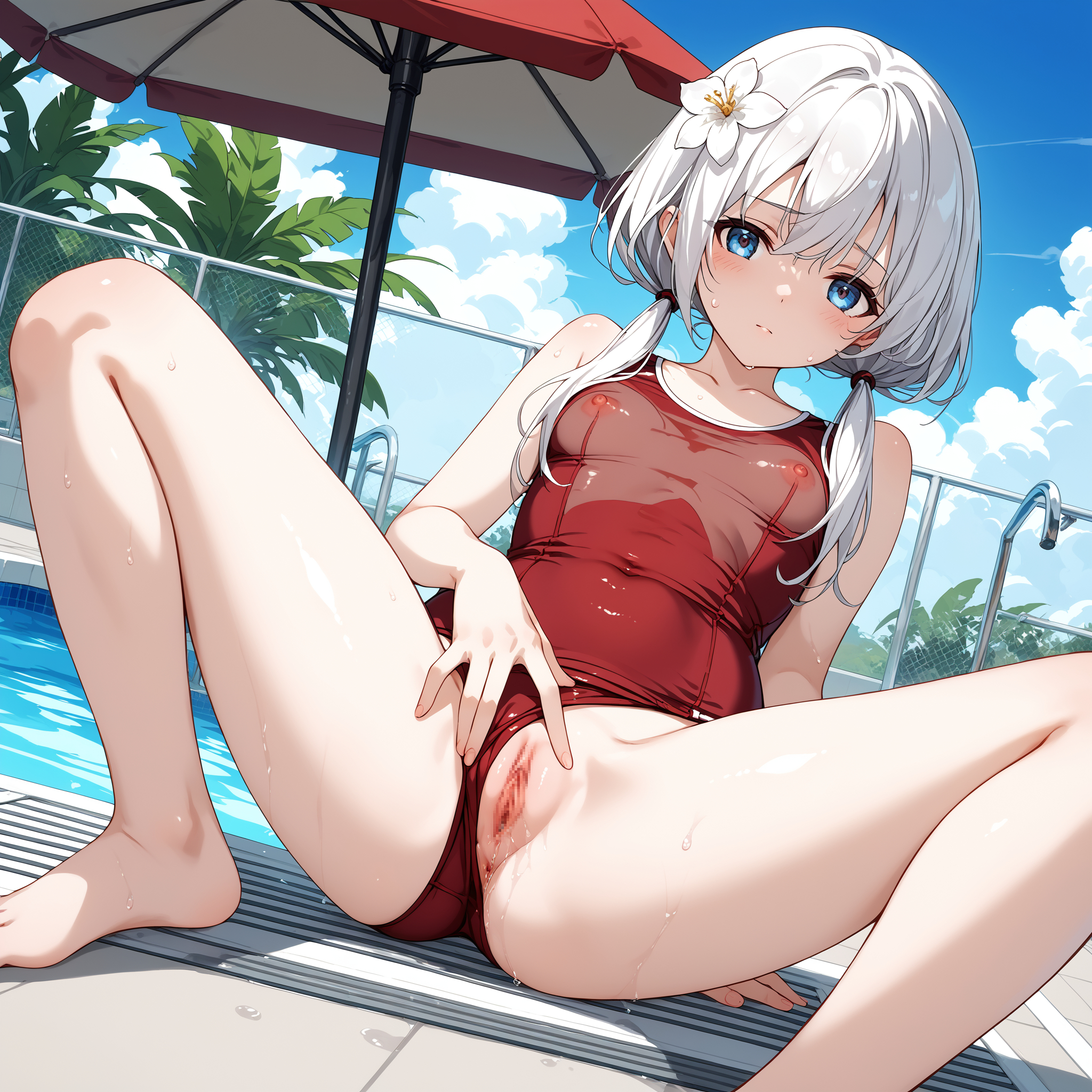 塩崎鈴夢_スク水 by salted fish with swimsuit, girl, silver hair, ai art, breasts, Assault Lily, Last Bullet