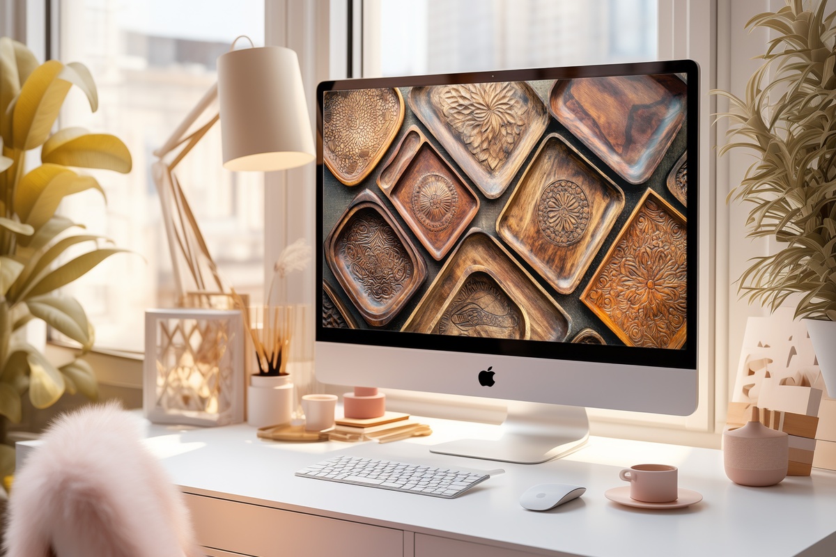 Wooden Tray Harmony Boho Desktop Wallpaper with styled wooden tray flatlay