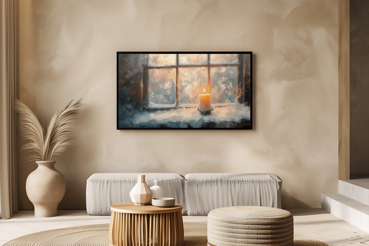 Warm Candle in Snowfall Frame TV Art