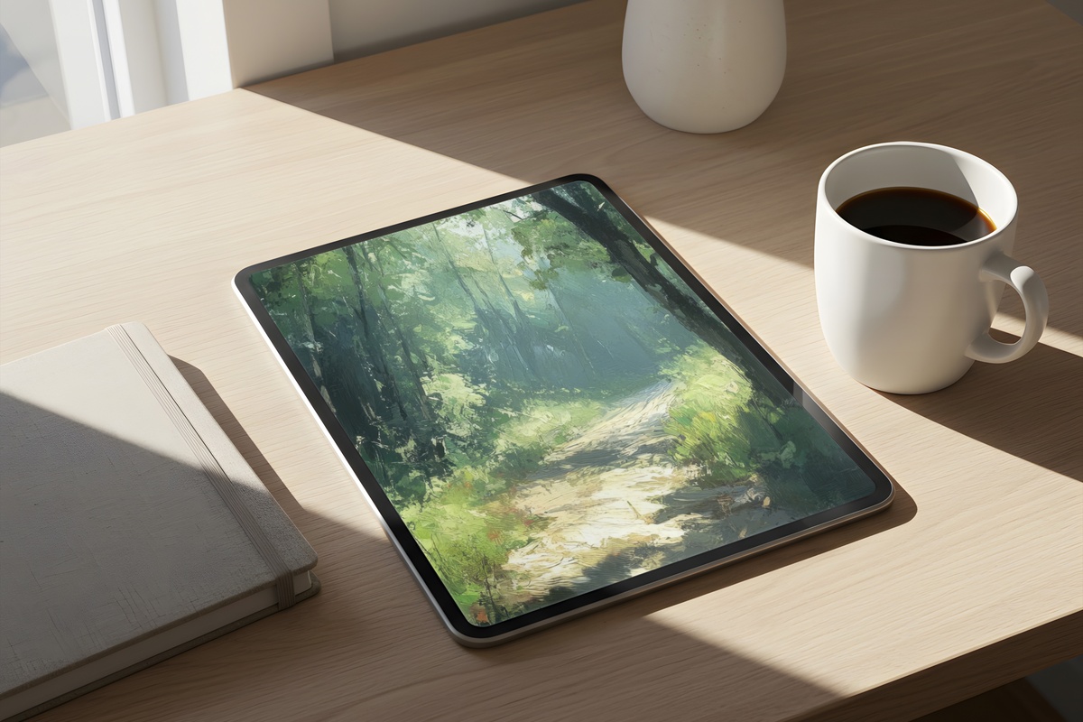 Sunlit Whispers Through Woodland Trails Summer iPad Wallpaper in dappled green and gold