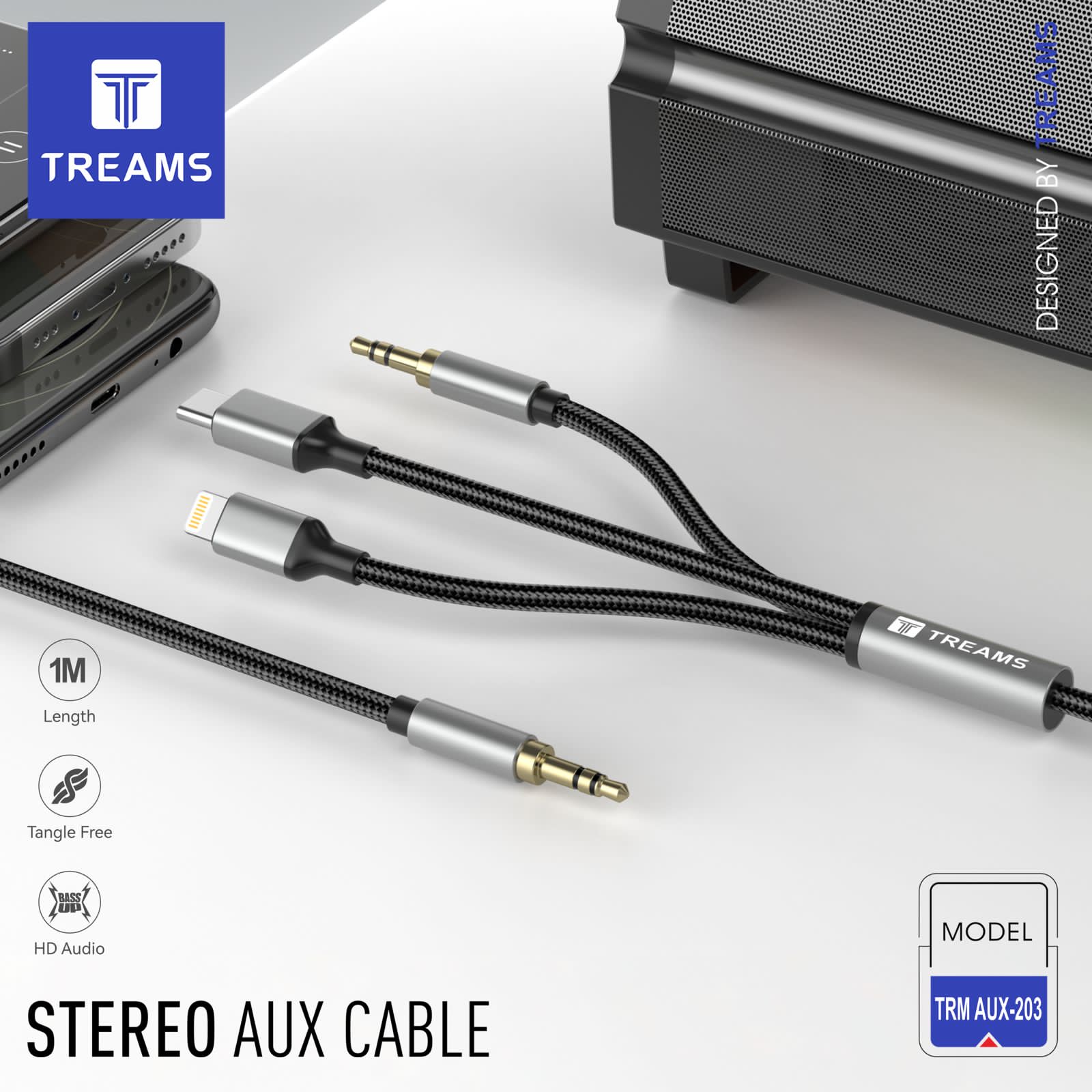 Treams Aux Cable 3 in 1 - 3.5MM /Type C/ Lightning to 3.5MM