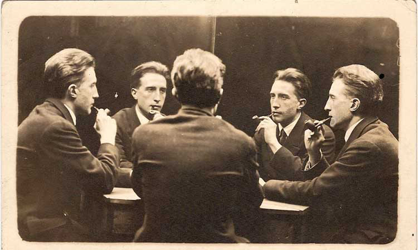 Five-Way Portrait of Marcel Duchamp, 21 June 1917, New York City. Duchamp photographed himself five times in the same composition, using a mirrored arrangement that allowed him to appear in profile, three-quarter, and full-face simultaneously.
