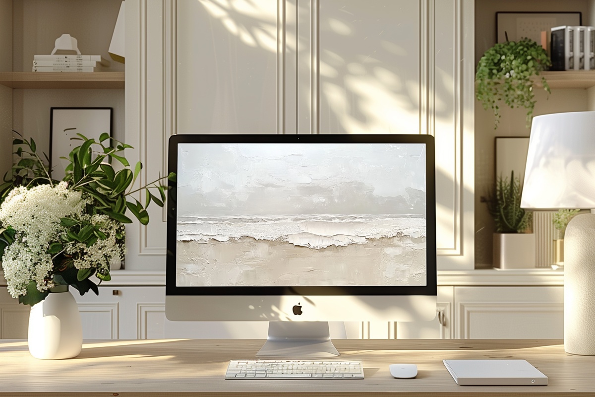 Coastal Calm of Timeless Reflections Desktop Wallpaper – impressionist beach scene in neutral palette