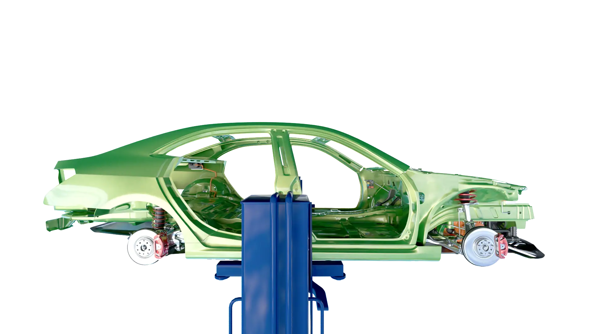 3D rendered cutaway view of a green sedan chassis on a service lift revealing the vehicle frame suspension and brake components representing the service and maintenance stage of the PTC digital transformation PLM journey