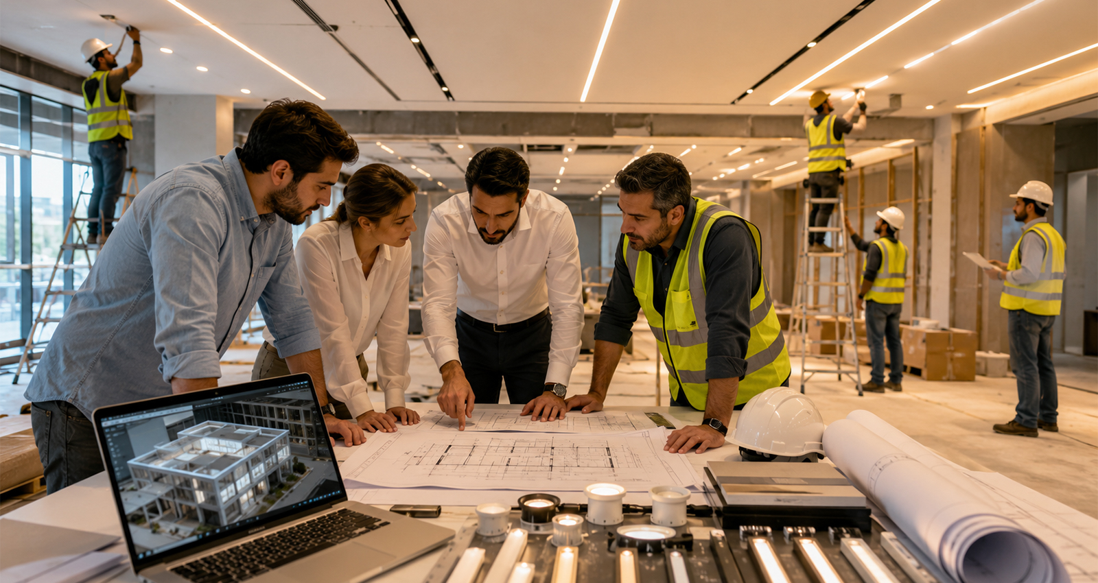 micro-blog-2.jpg Team reviewing lighting plans with workers installing lights