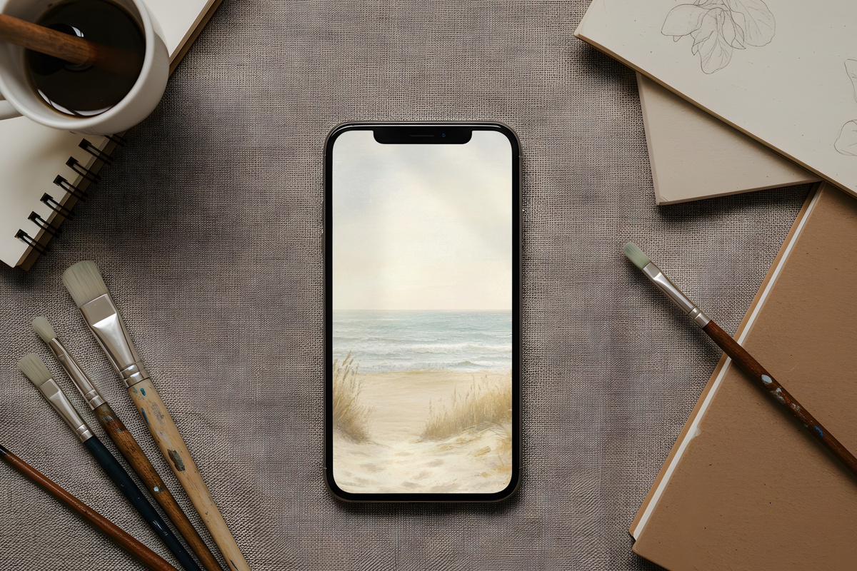 Whispering Coastal Breeze Summer iPhone Wallpaper — beige and blue coastal scene for phone lock screen