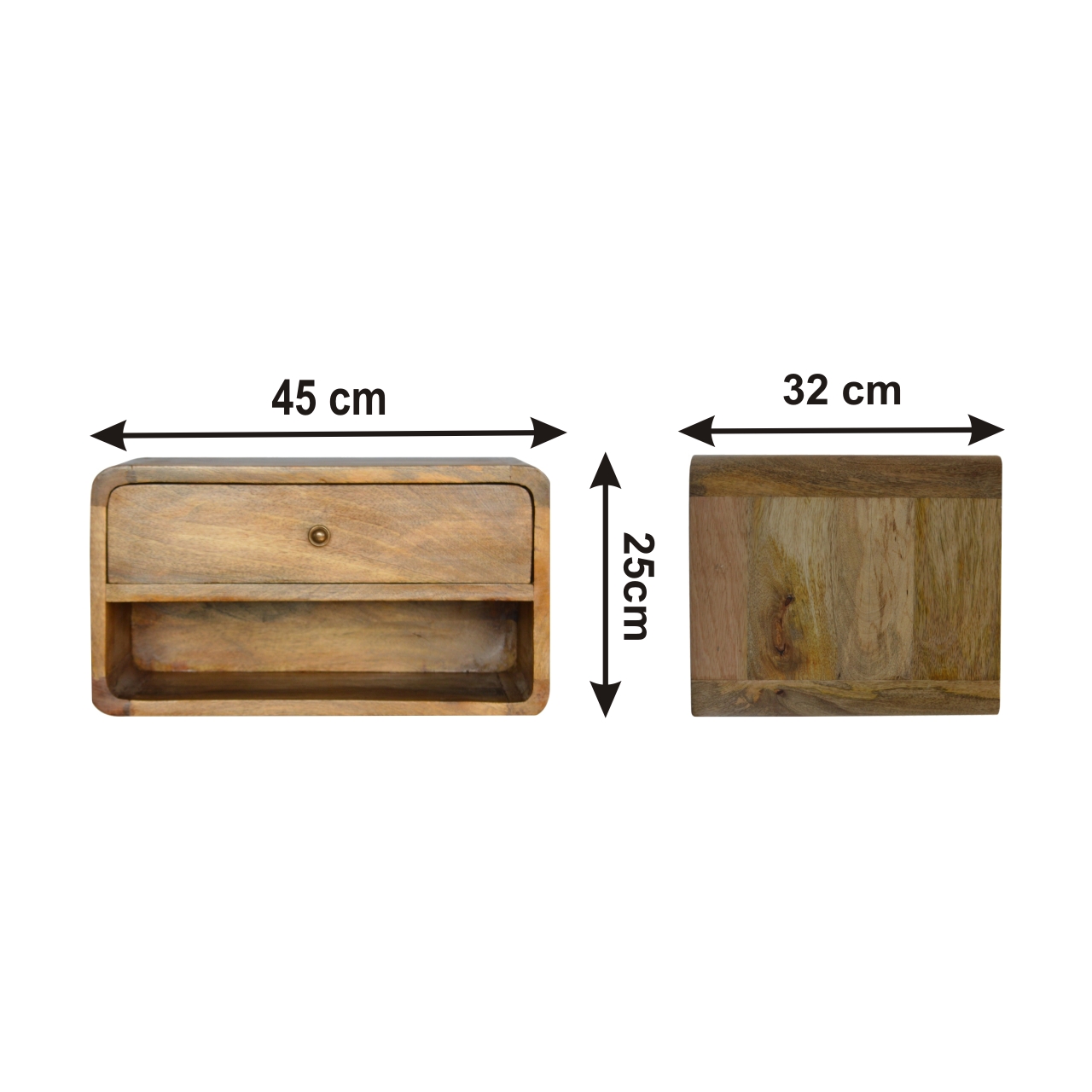 Size chart for Curved Oak-ish Wall Mounted Bedside with Open Slot