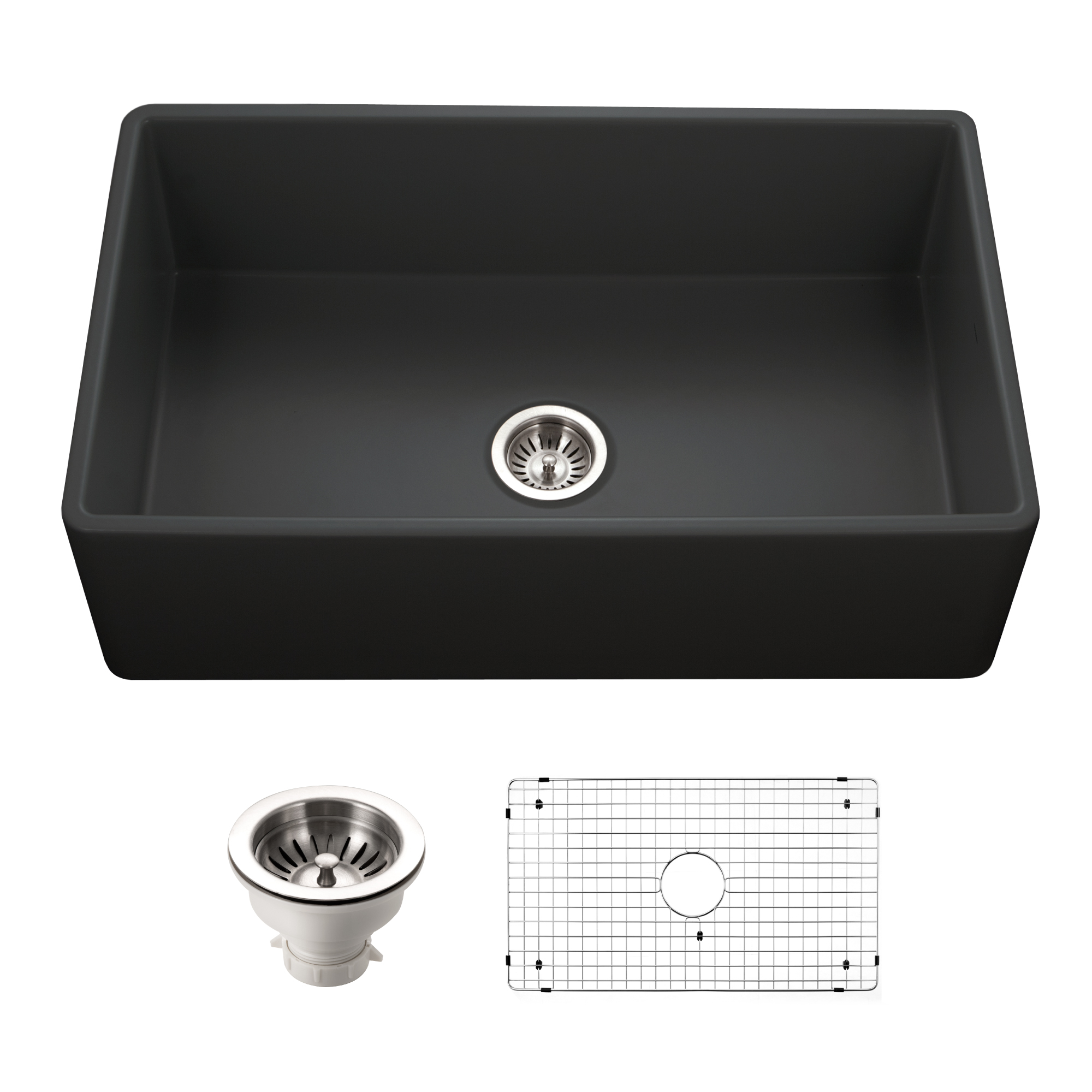 Houzer 33" Fireclay Single Bowl Farmhouse Kitchen Sink, Black, Platus Series, PTG-4300 BL