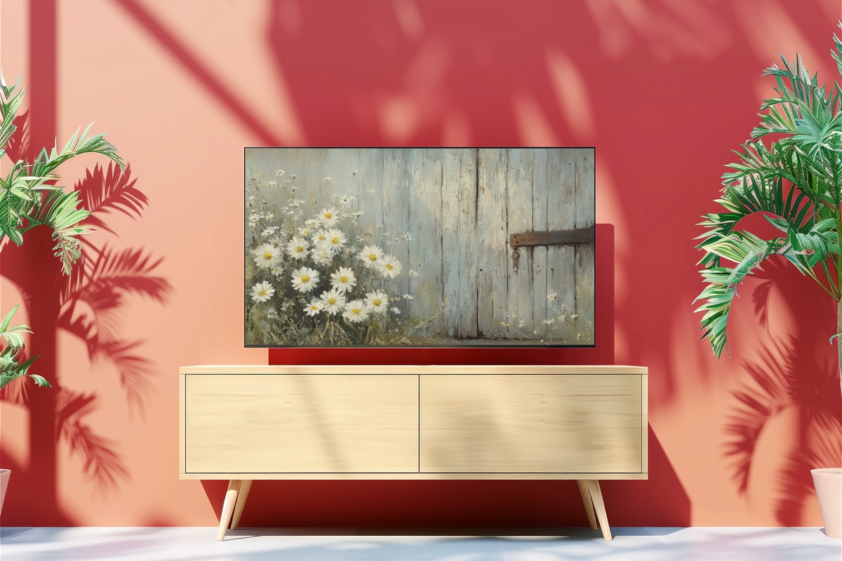 Daisy-Brightened Barn Entry Farmhouse Frame TV Art — blooming daisies by a rustic barn door
