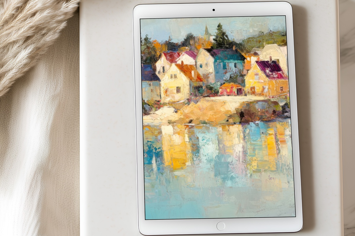 Impressionist Village Harmony Coastal iPad Wallpaper with calming blues