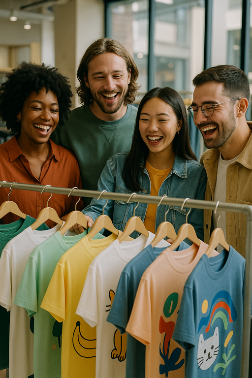Diverse group wearing stylish funny graphic T-shirts in urban setting