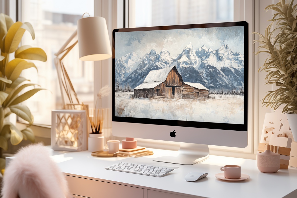 Mountain Snow Barn Stillness Farmhouse Desktop Wallpaper with barn against snowy mountains
