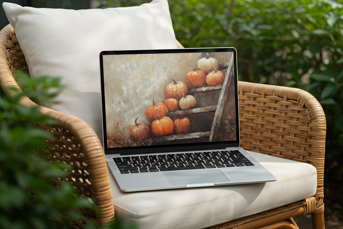 Pumpkin and Ladder Whimsy Farmhouse Desktop Wallpaper