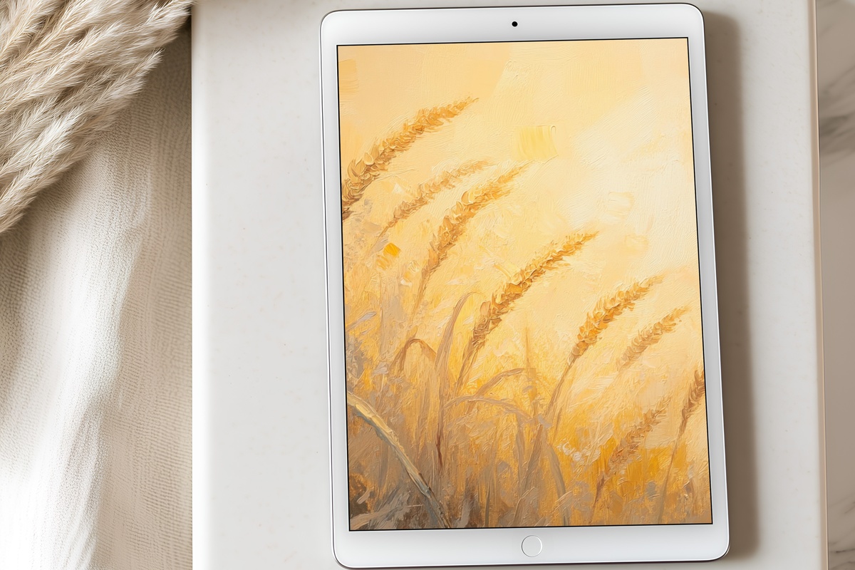 Radiant Wheatfield Reverie iPad Wallpaper — amber wheat tones with warm summer haze