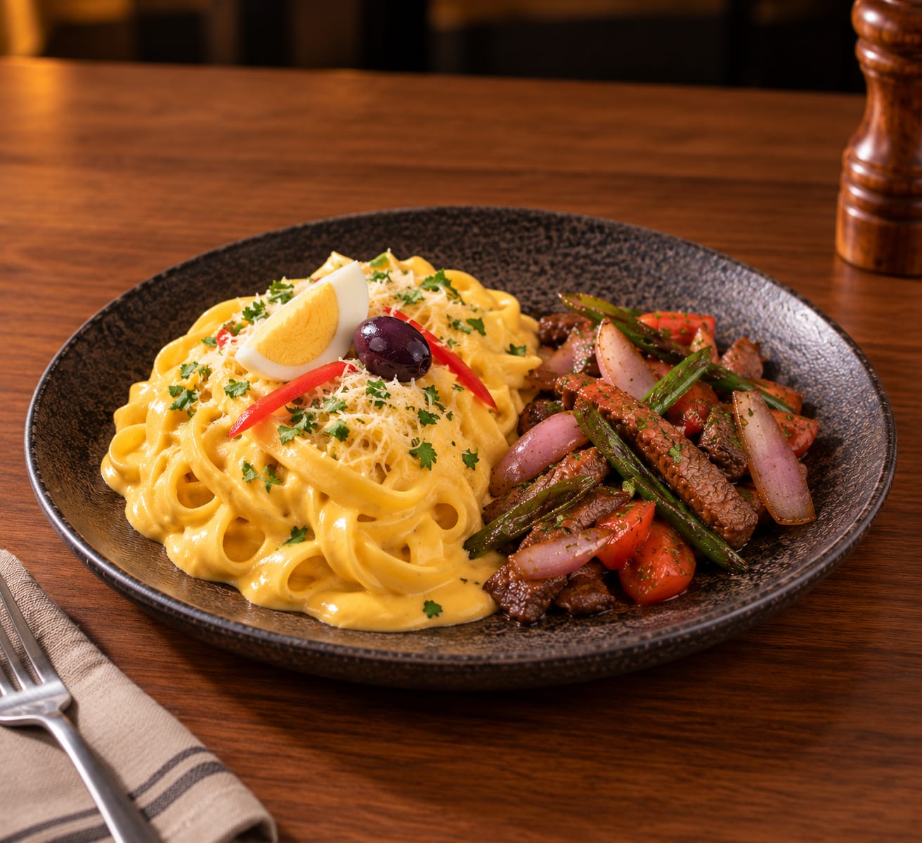 Fetuccini a la Huancaina con Lomo Saltado