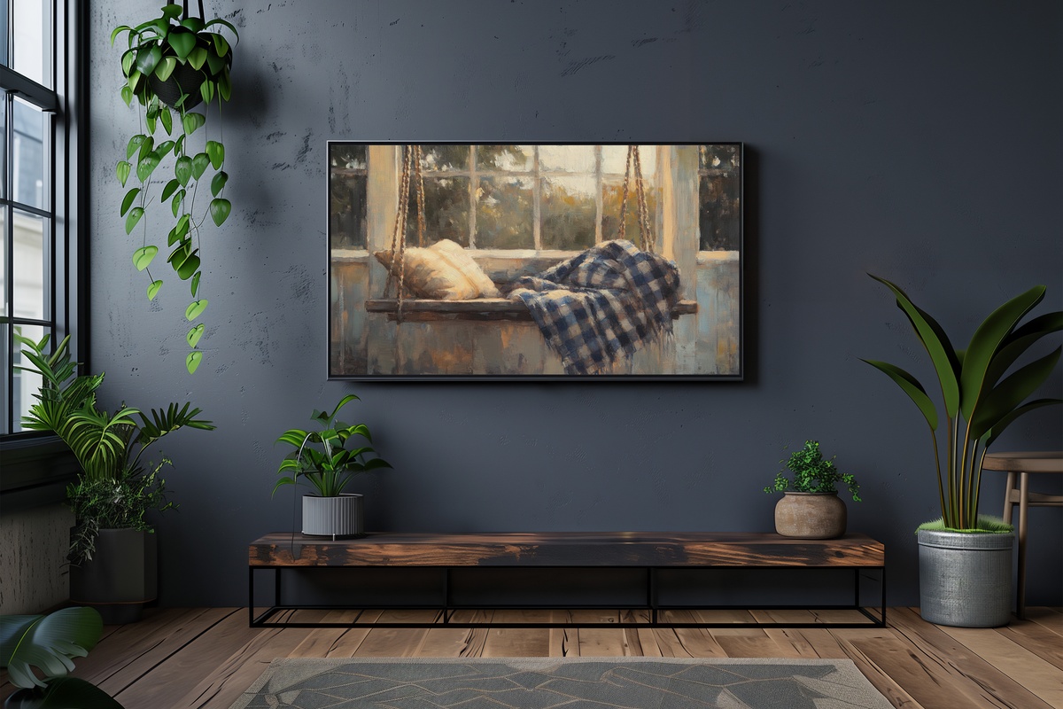 Plaid-Draped Porch Swing Bliss Farmhouse Frame TV Art