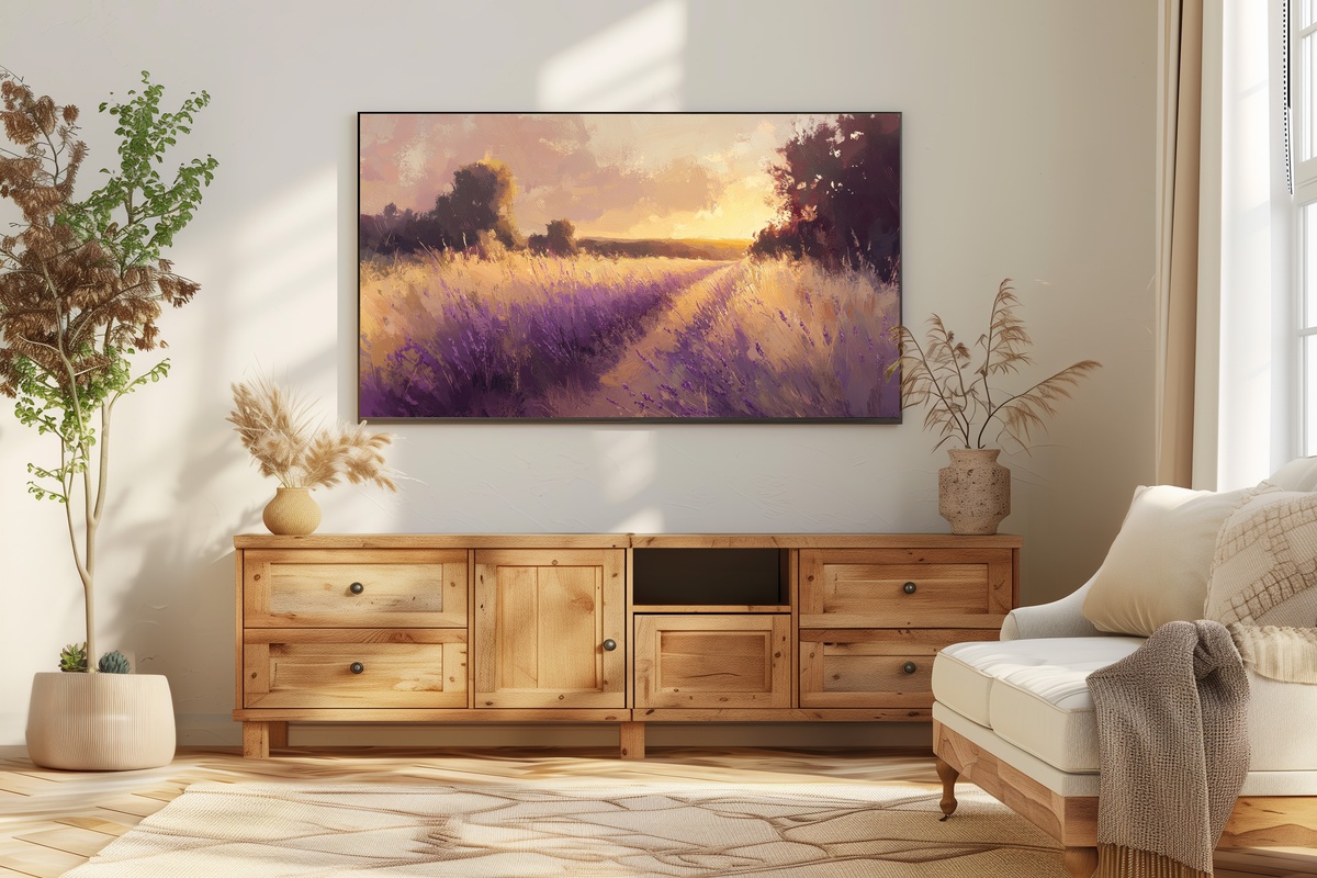 Golden Hour Lavender Bliss Frame TV Art with rows of lavender fields bathed in warm golden-hour light