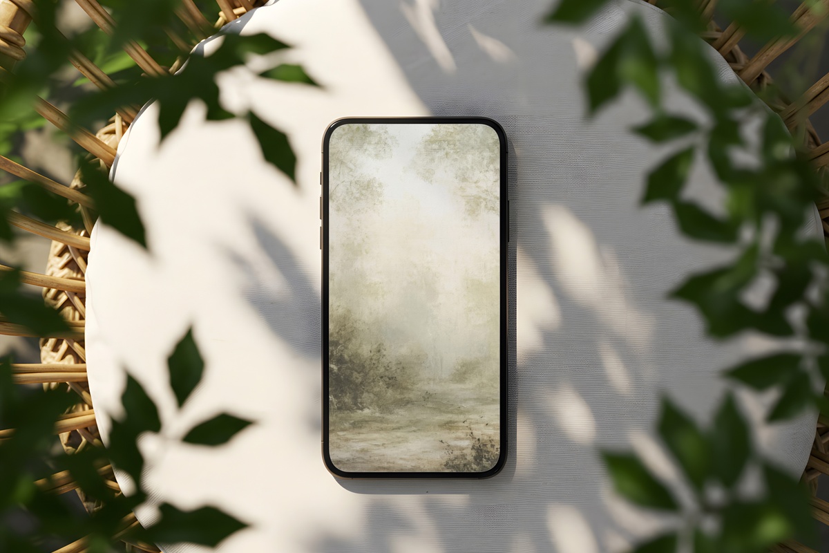 Misty Forest Veil landscape iPhone wallpaper with layered sage and fog tones