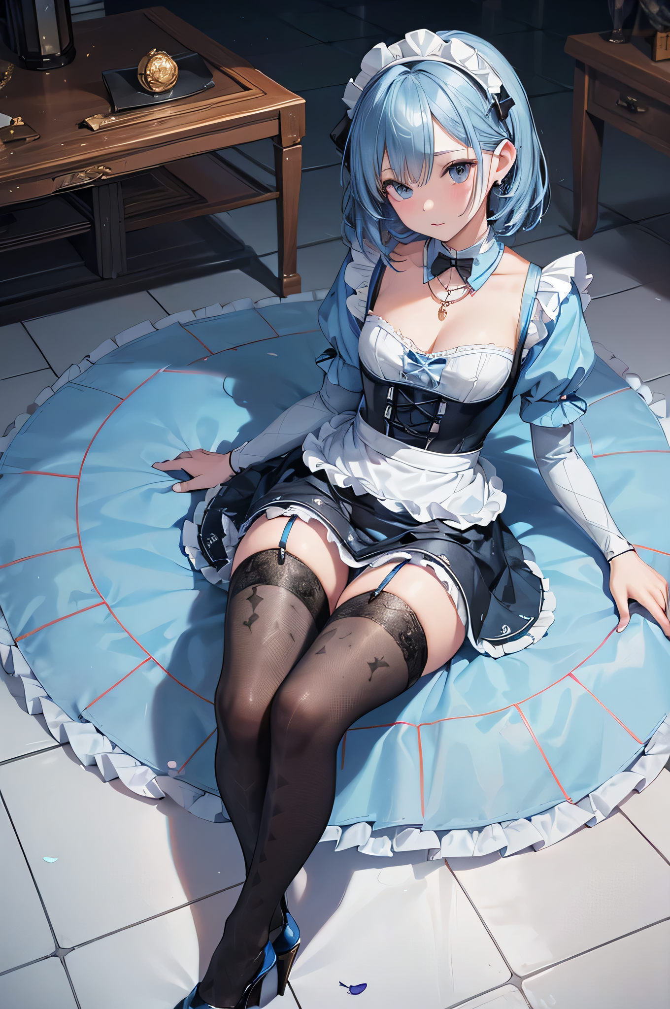 カラフルなメイド by アスヘノキボウ with maid, stockings, high heels, ai art, panchira, cleavage, bewitching thighs, beautiful girl, garterbelt