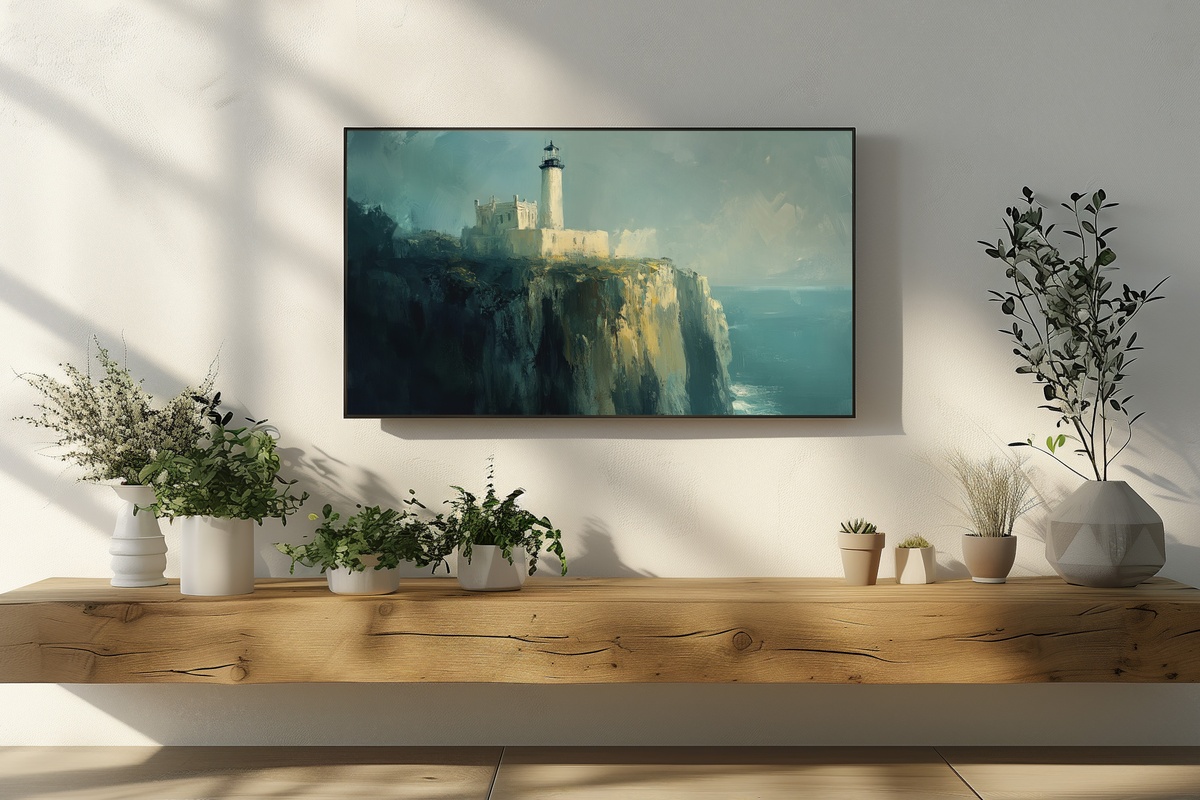 Beacon's Soft Embrace - Vintage Frame TV Art featuring majestic cliffs and a lighthouse