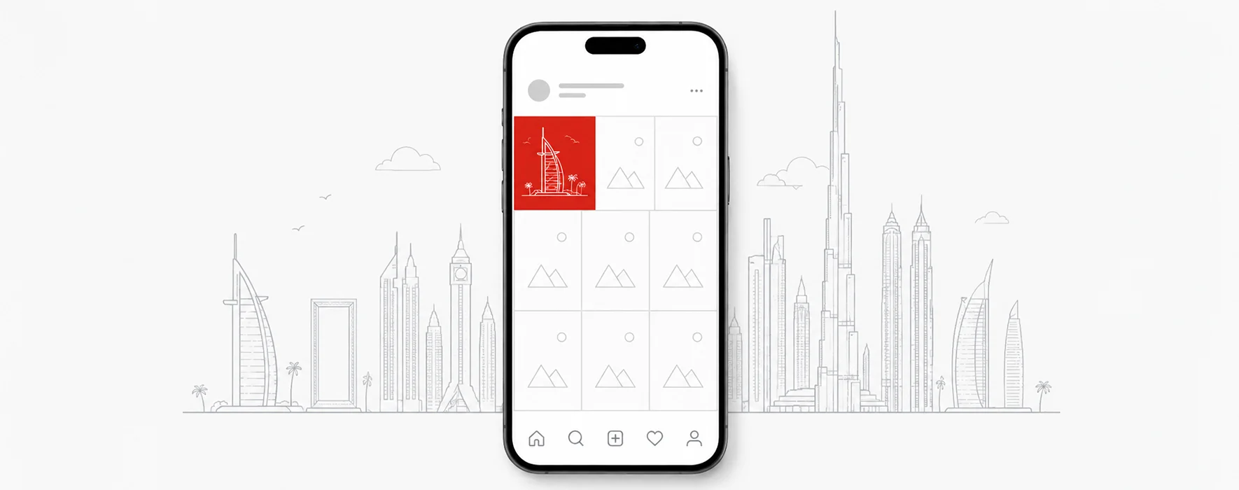 Smartphone with Instagram feed against Dubai skyline silhouette
