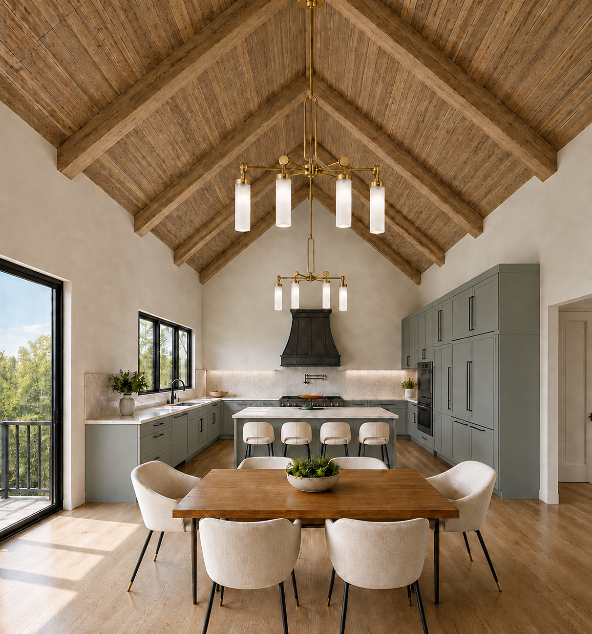 Kitchen with sage cabinets, a wood island, a dark range hood, and a vaulted wood ceiling