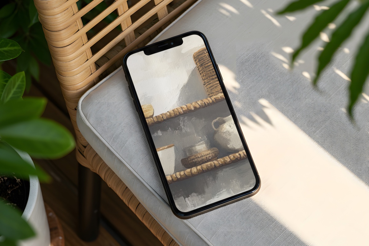 Rattan Shelving Serenity boho iPhone wallpaper with natural rattan textures